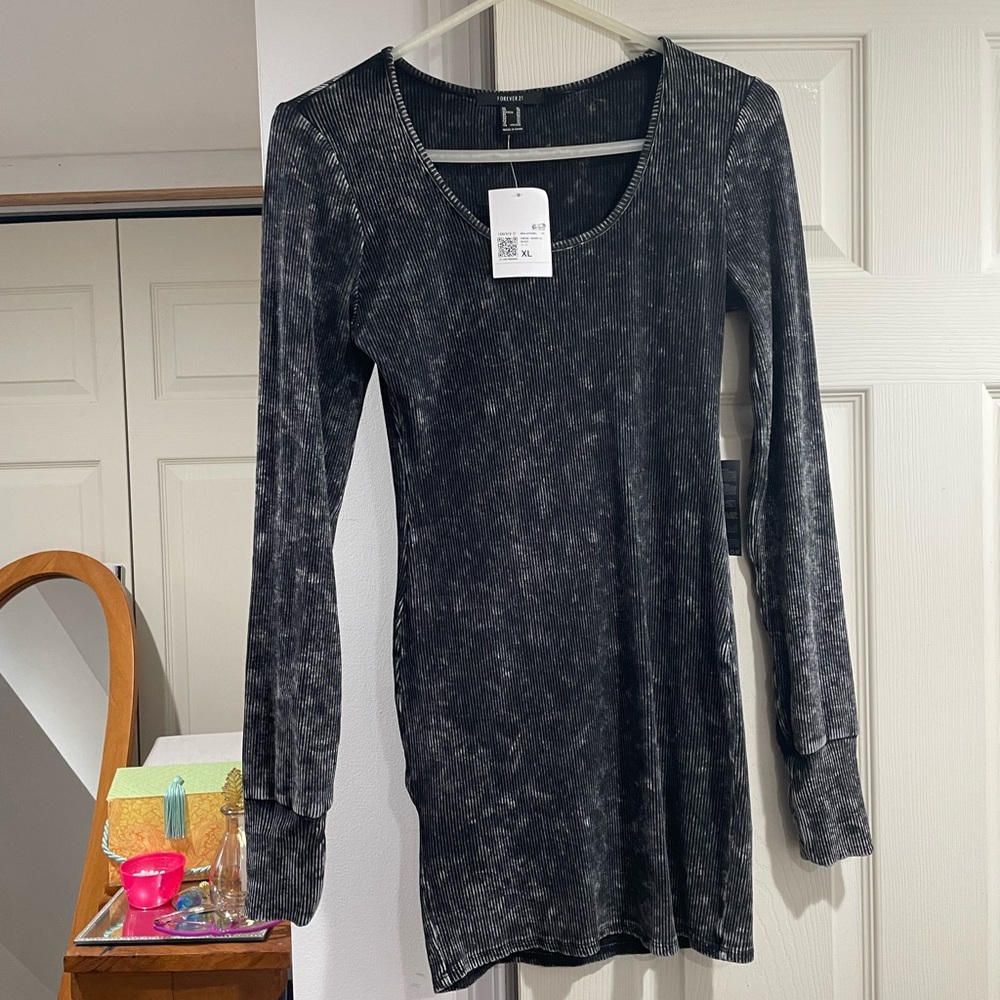 Black Long Sleeve Ribbed Dress